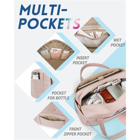 BAGSMART Travel Duffle Bag 31L Quilted Weekender Overnight Bag for Women (Pink) - Picture 6 of 7